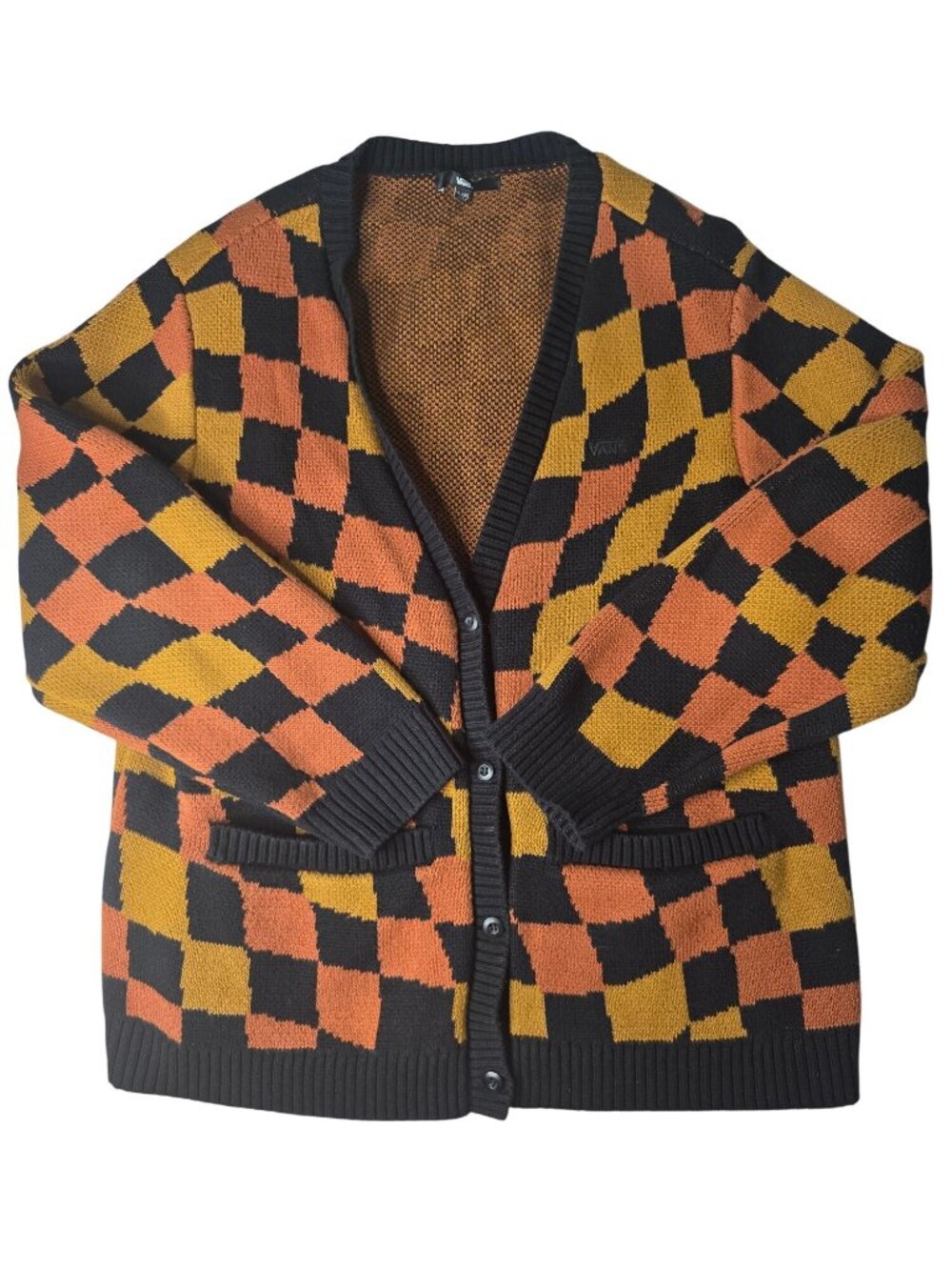 Vans Checkerboard Knit Cardigan XL XXL Black Orange Mustard Checkered Sweater